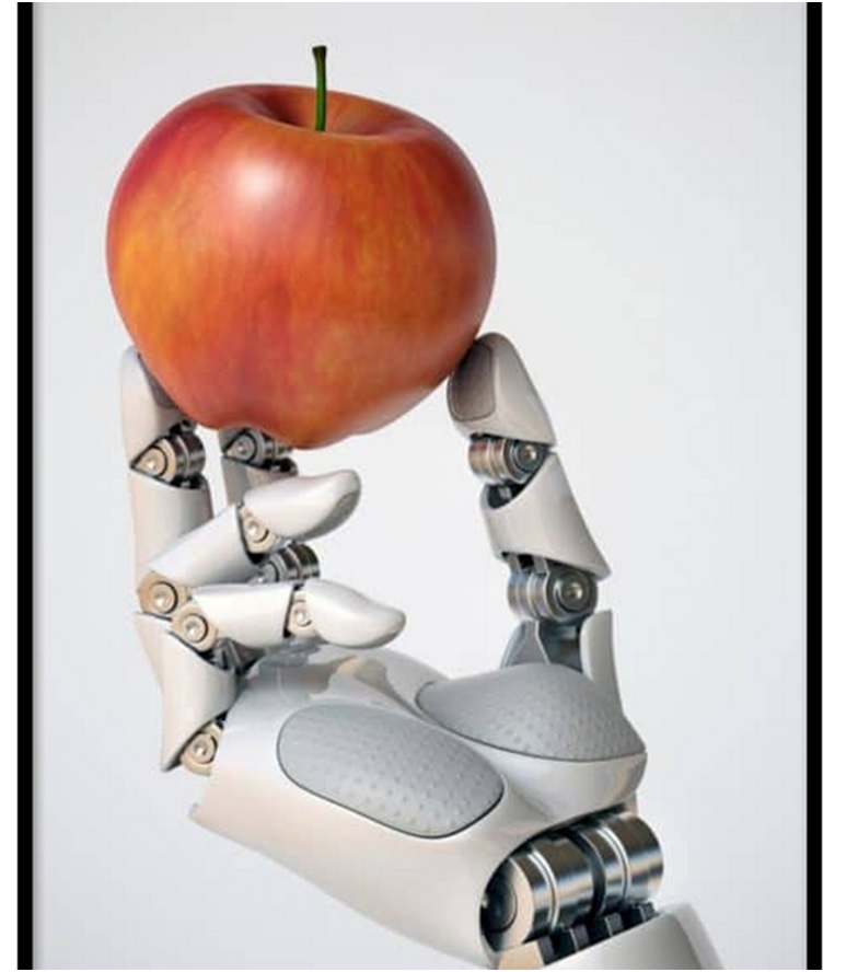 Red apple in robotic hand poster